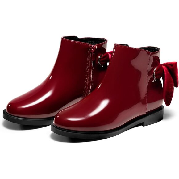 🆕Girls Wine Red Faux Leather Ankle Bow Chunky Low Heel Side Zipper Dress Boot - Picture 8 of 8